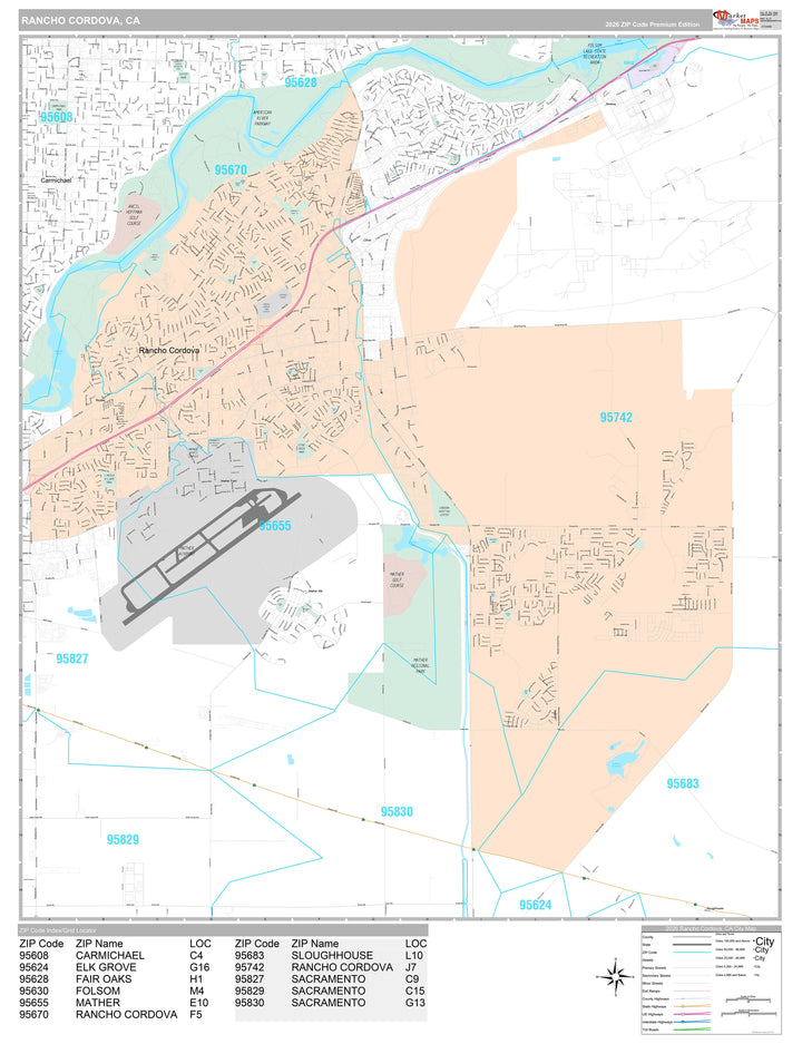 Premium Style Wall Map of Rancho Cordova, CA