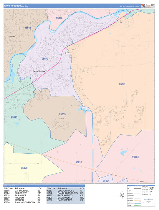 Color Cast Zip Code Style Wall Map of Rancho Cordova, CA – American Map ...