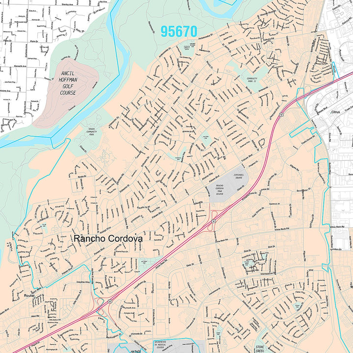 Premium Style Wall Map of Rancho Cordova, CA
