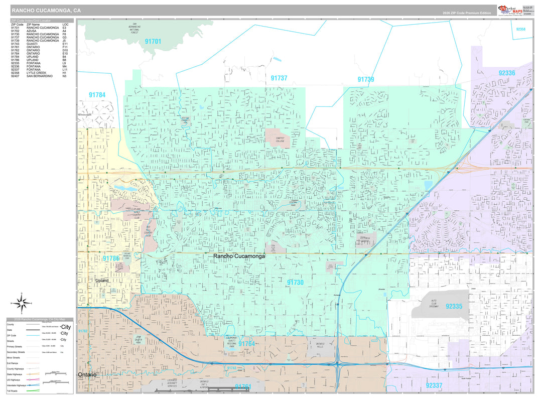 Premium Style Wall Map of Rancho Cucamonga, CA