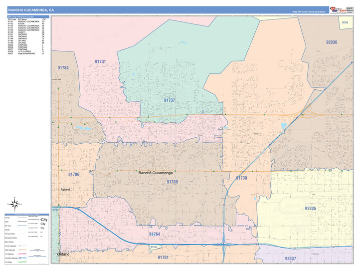Color Cast Zip Code Style Wall Map of Rancho Cucamonga, CA