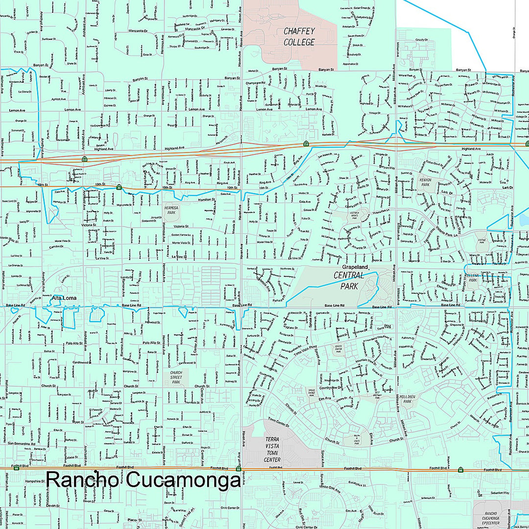 Premium Style Wall Map of Rancho Cucamonga, CA