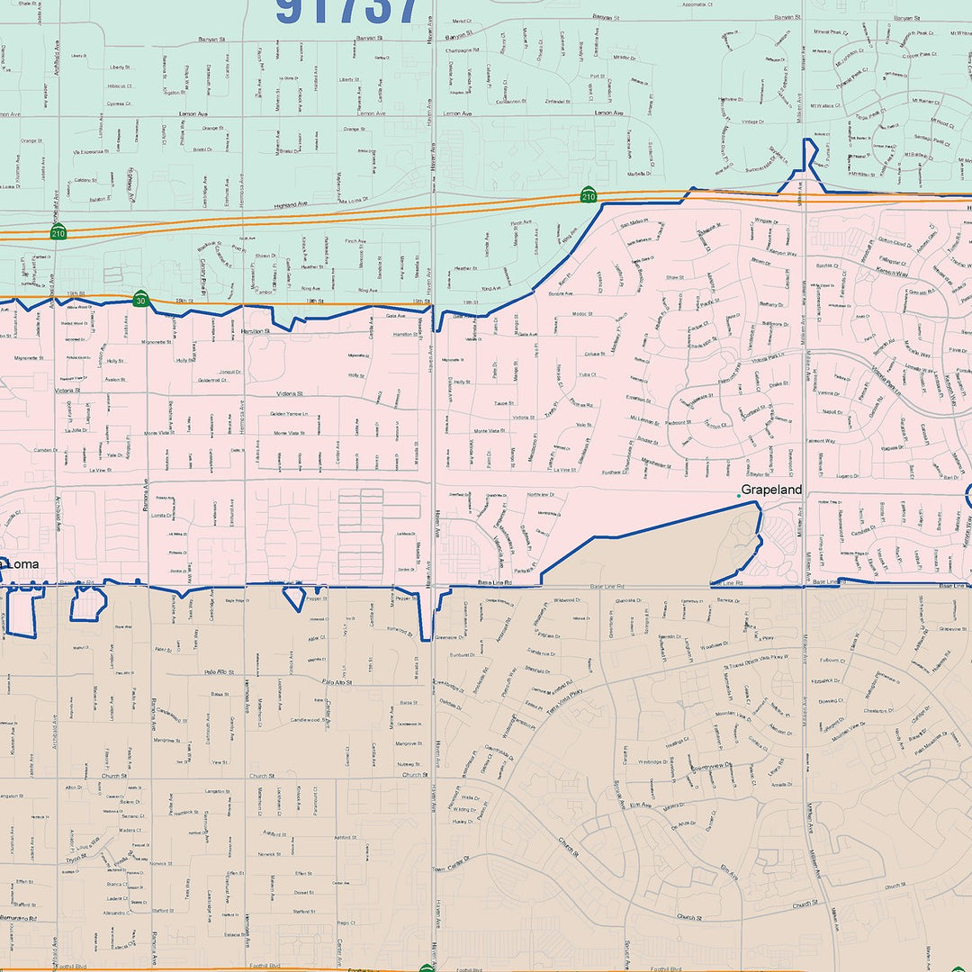 Color Cast Zip Code Style Wall Map of Rancho Cucamonga, CA