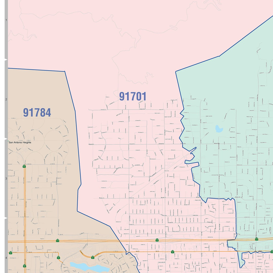 Color Cast Zip Code Style Wall Map of Rancho Cucamonga, CA