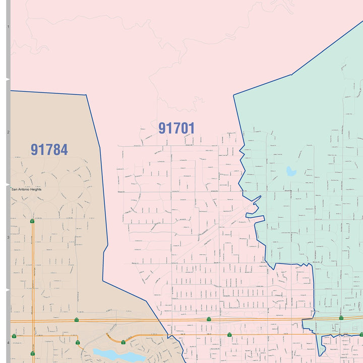 Color Cast Zip Code Style Wall Map of Rancho Cucamonga, CA