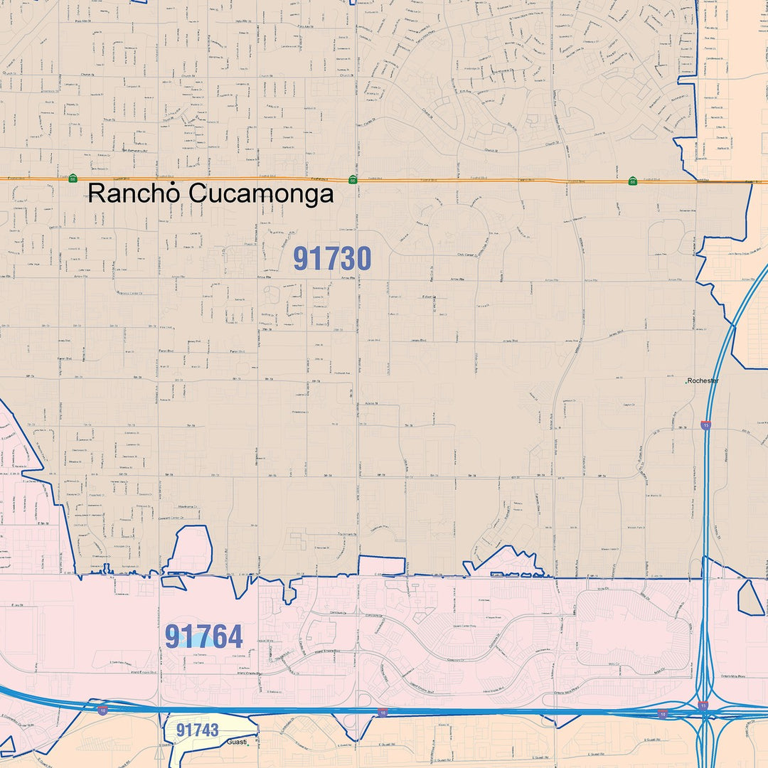 Color Cast Zip Code Style Wall Map of Rancho Cucamonga, CA