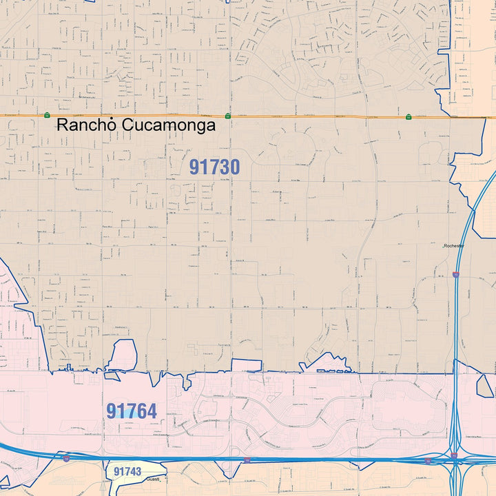 Color Cast Zip Code Style Wall Map of Rancho Cucamonga, CA