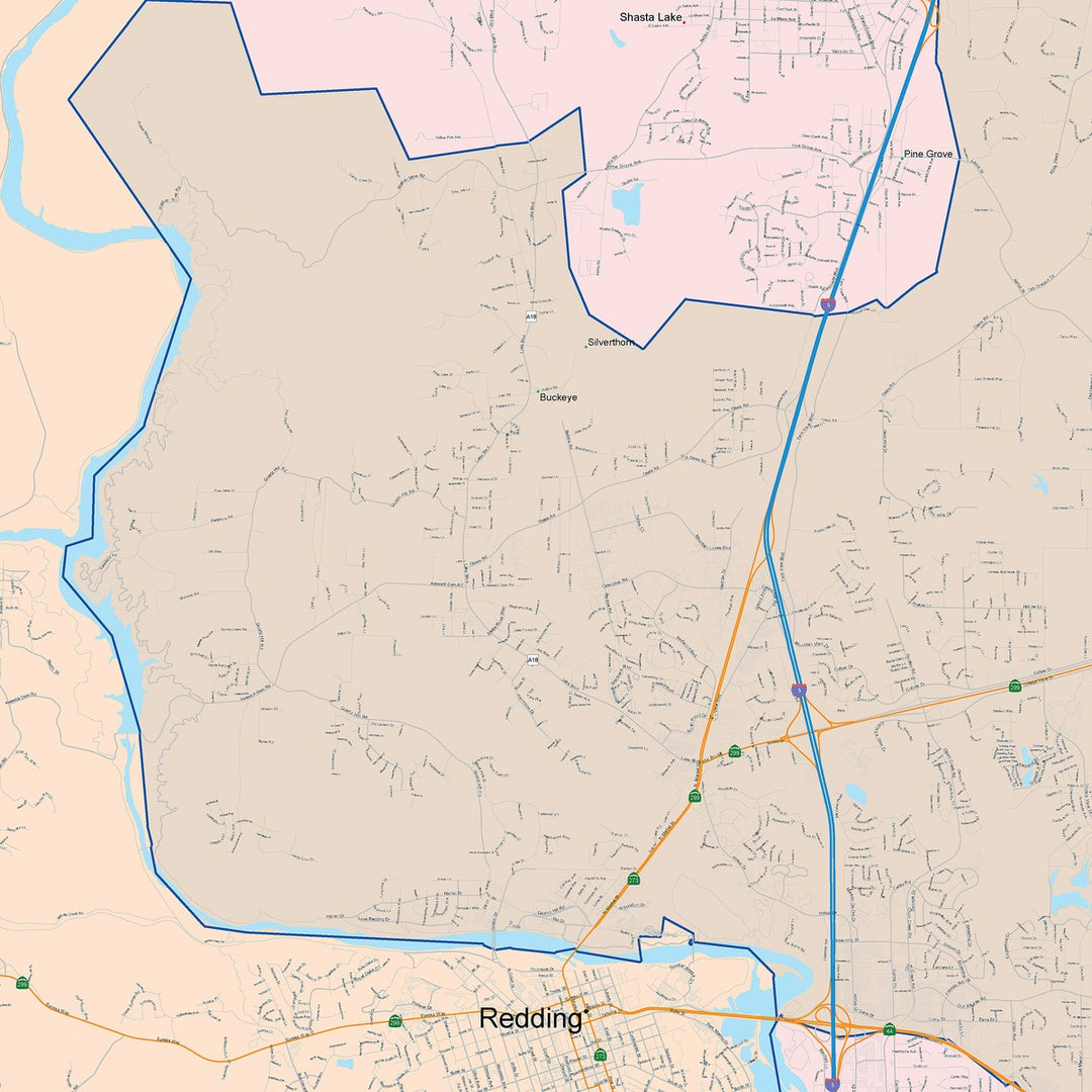 Color Cast Zip Code Style Wall Map of Redding, CA