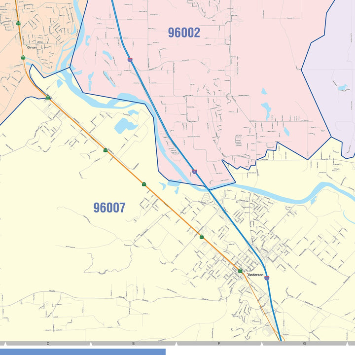 Color Cast Zip Code Style Wall Map of Redding, CA