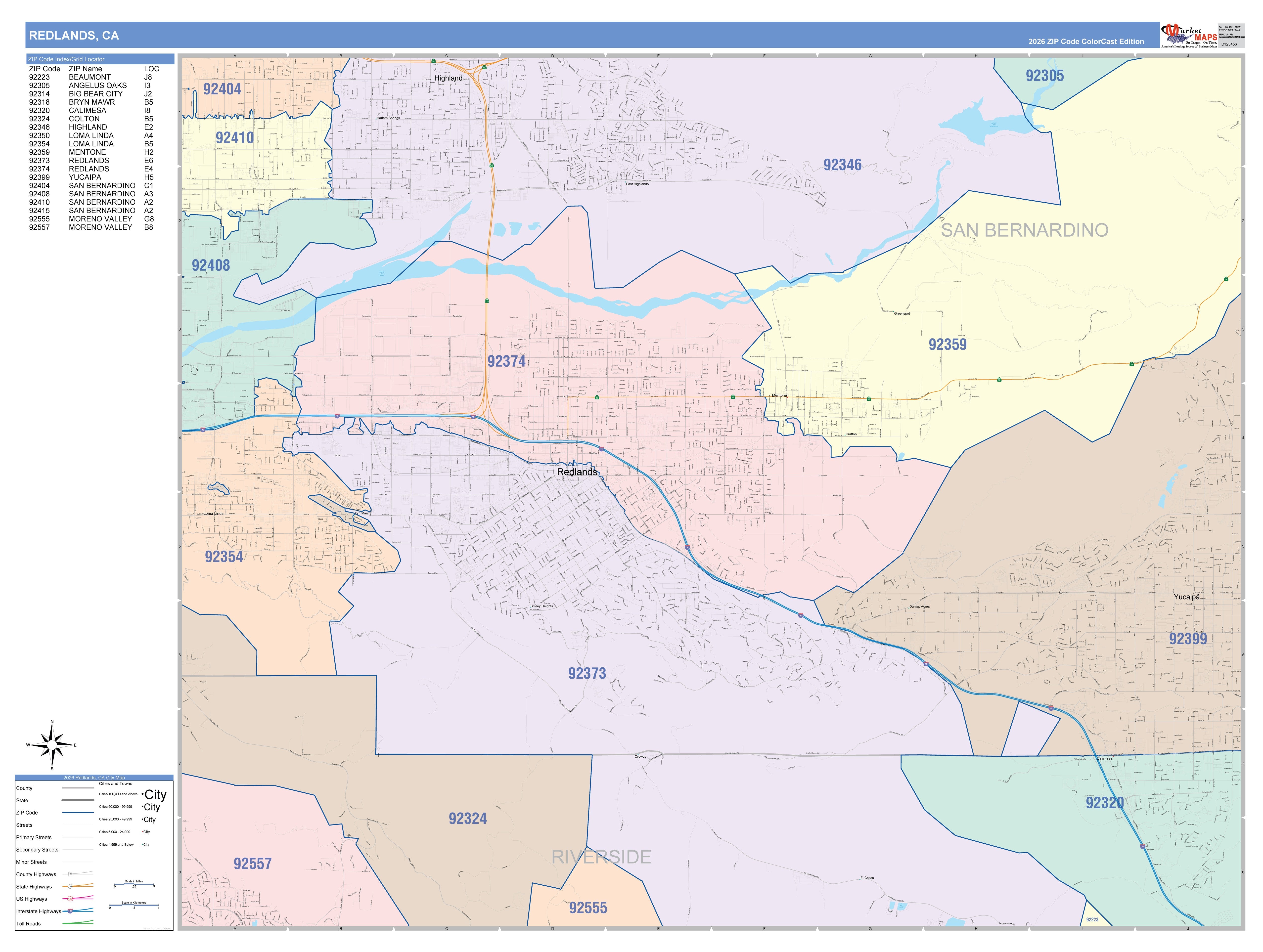 Color Cast Zip Code Style Wall Map of Redlands, CA – American Map Store