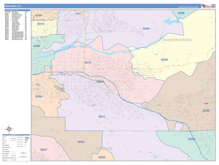 Color Cast Zip Code Style Wall Map of Redlands, CA