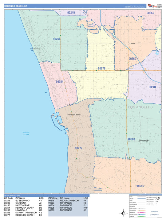 Color Cast Zip Code Style Wall Map of Redondo Beach, CA – American Map ...