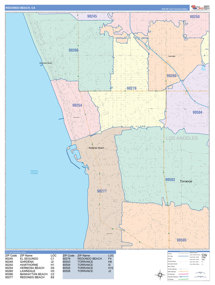 Color Cast Zip Code Style Wall Map of Redondo Beach, CA