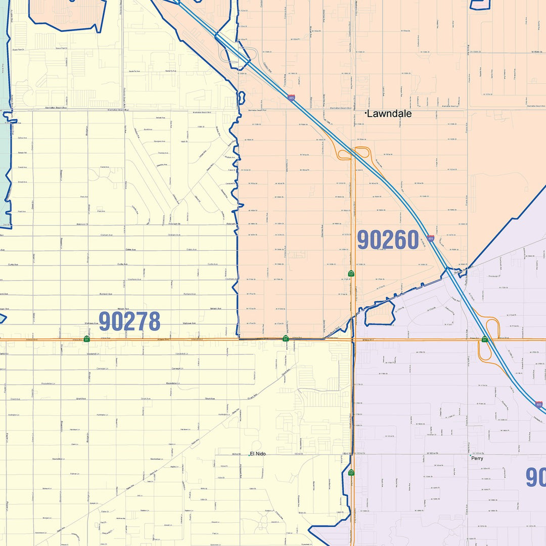 Color Cast Zip Code Style Wall Map of Redondo Beach, CA