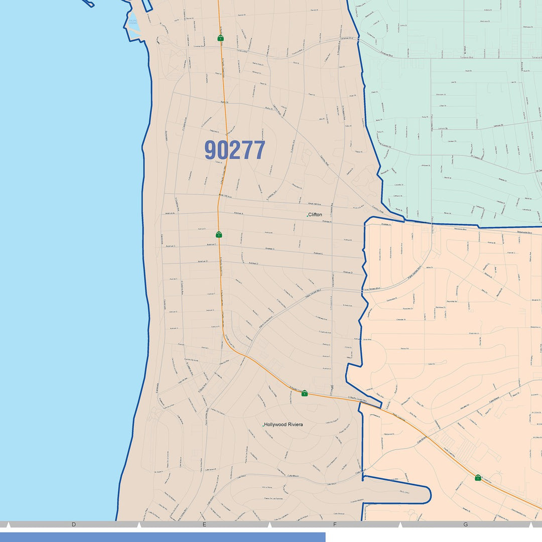 Color Cast Zip Code Style Wall Map of Redondo Beach, CA
