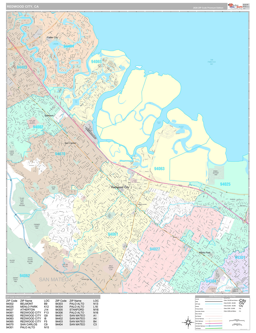 Premium Style Wall Map of Redwood City, CA