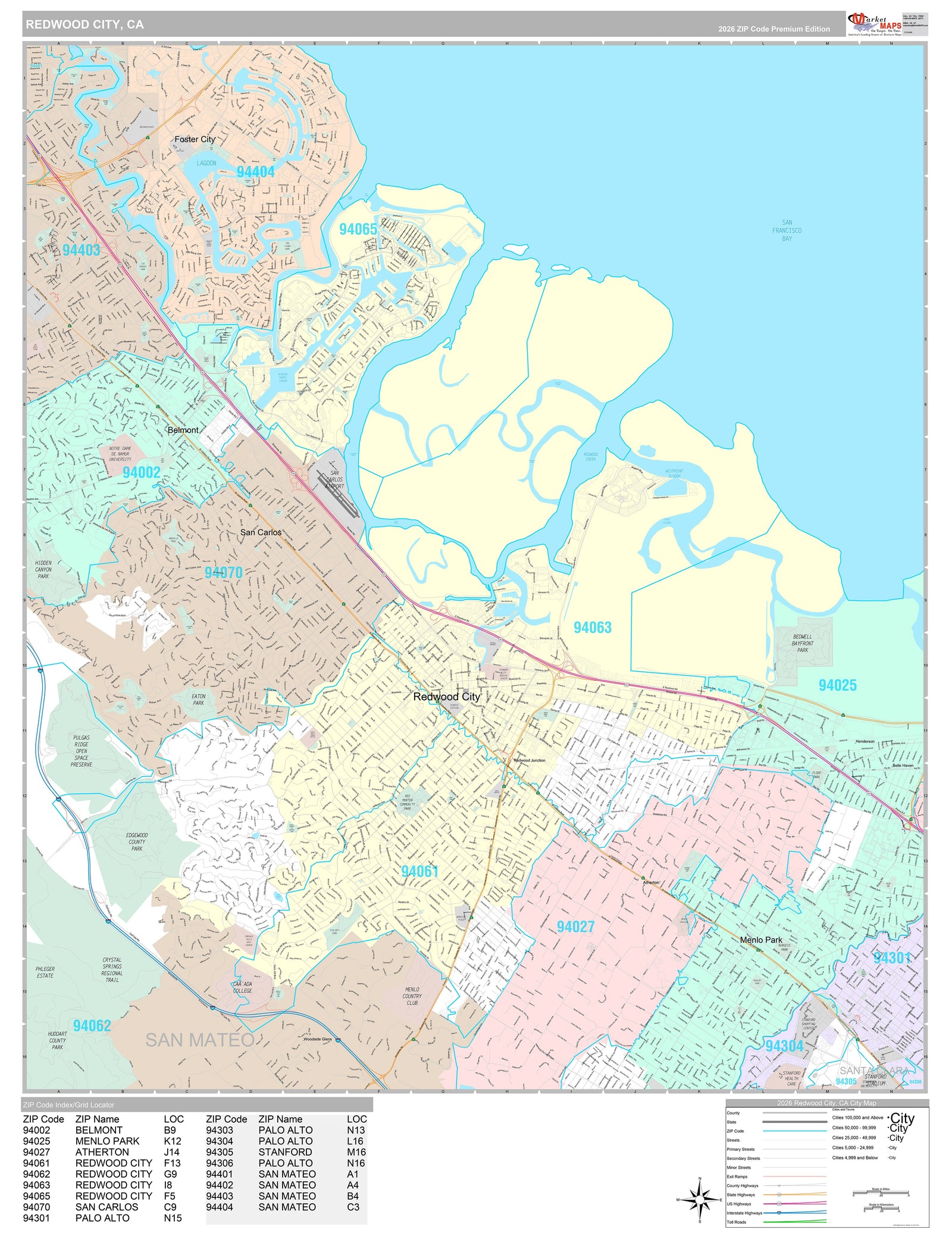 Premium Style Wall Map of Redwood City, CA