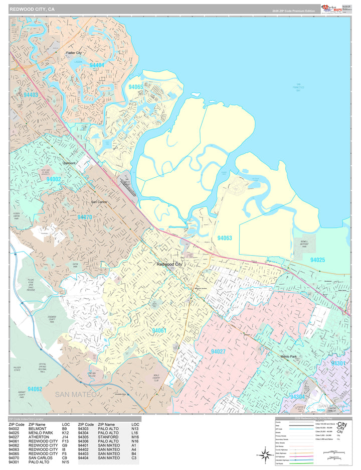 Premium Style Wall Map of Redwood City, CA
