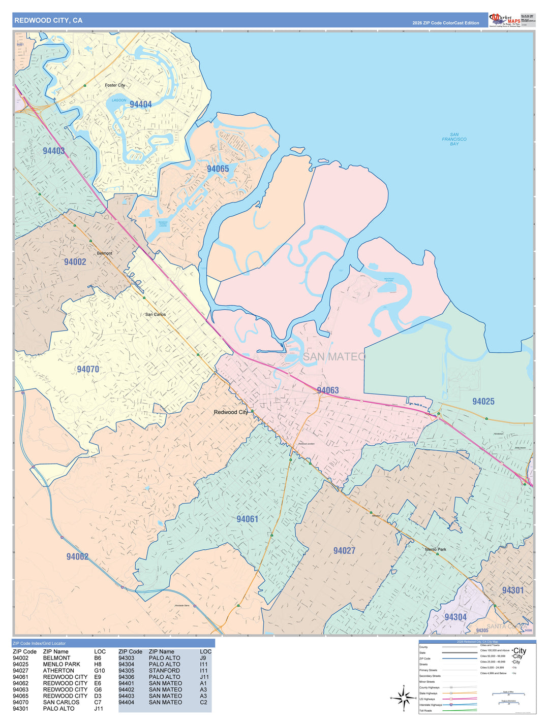 Color Cast Zip Code Style Wall Map of Redwood City, CA