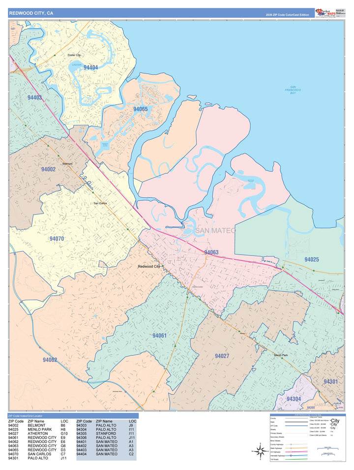 Color Cast Zip Code Style Wall Map of Redwood City, CA