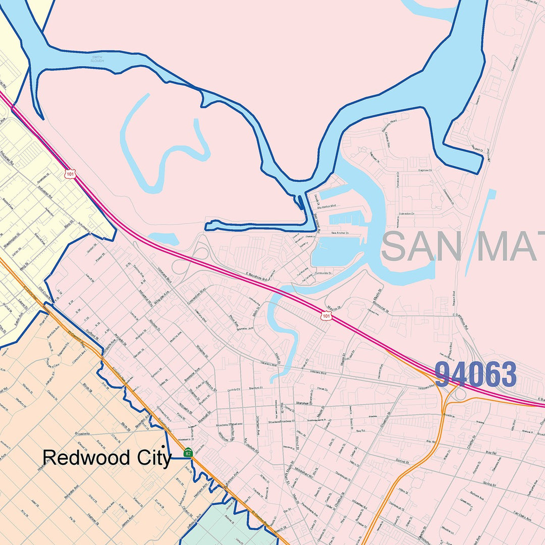 Color Cast Zip Code Style Wall Map of Redwood City, CA