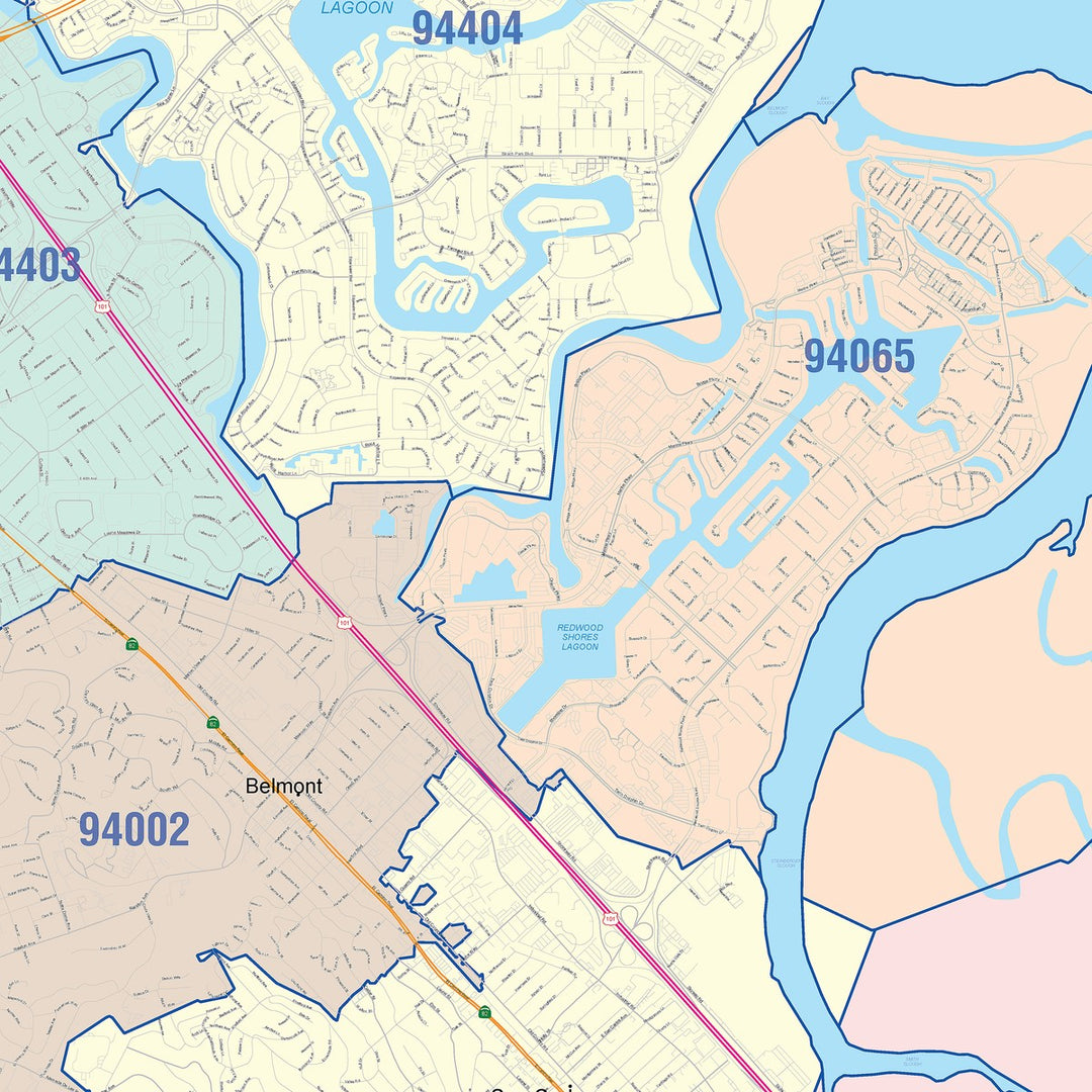 Color Cast Zip Code Style Wall Map of Redwood City, CA