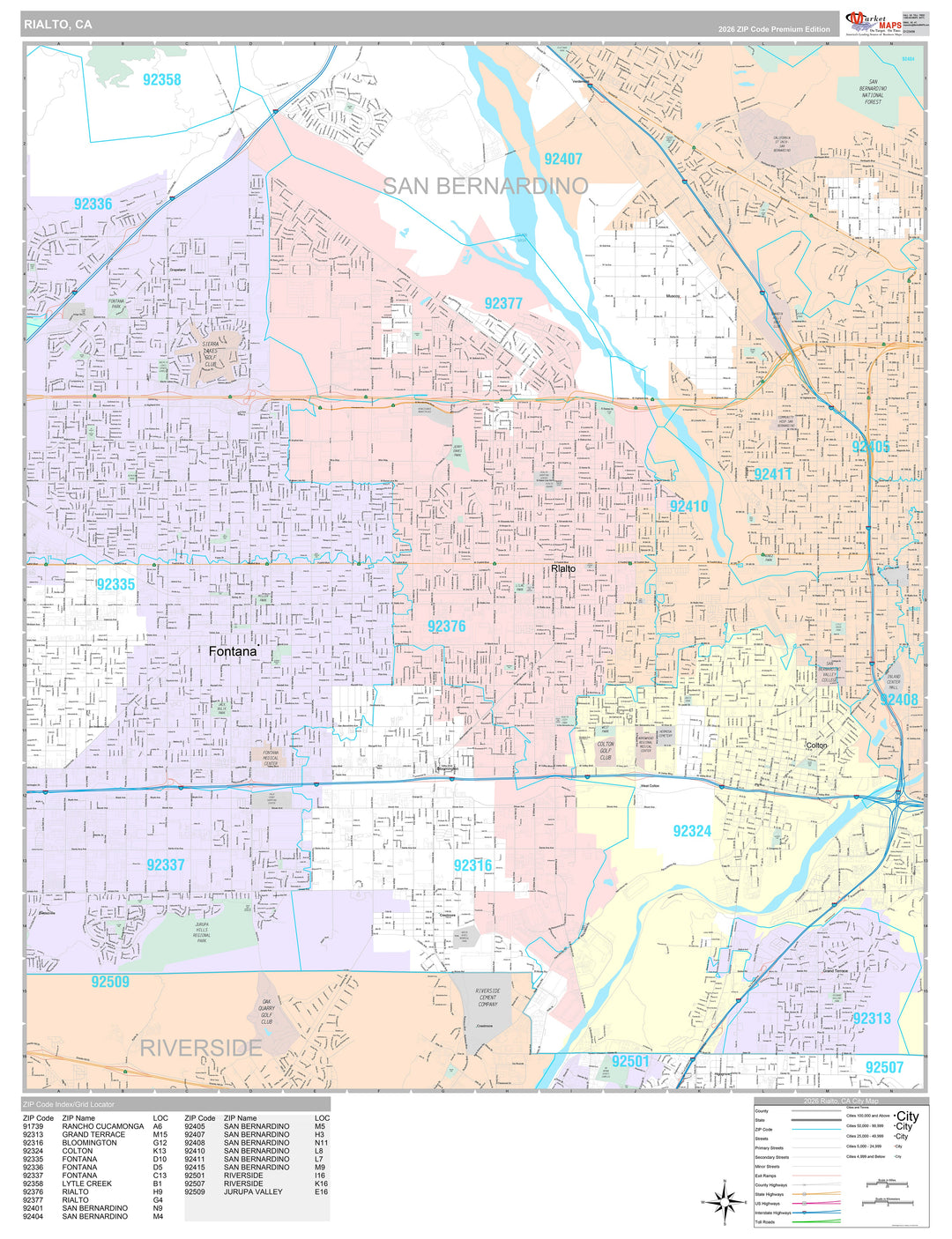 Premium Style Wall Map of Rialto, CA