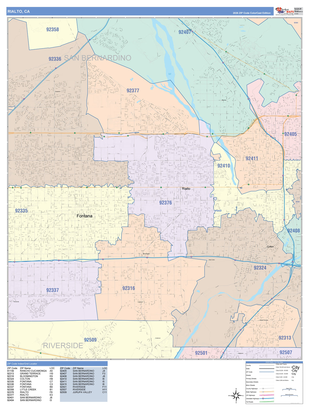 Color Cast Zip Code Style Wall Map of Rialto, CA