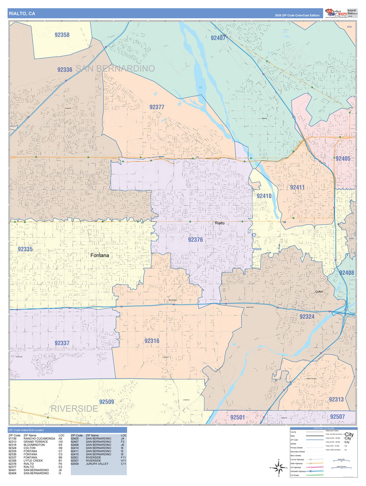 Color Cast Zip Code Style Wall Map of Rialto, CA