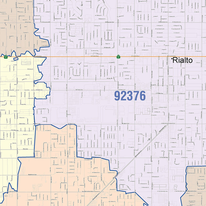 Color Cast Zip Code Style Wall Map of Rialto, CA