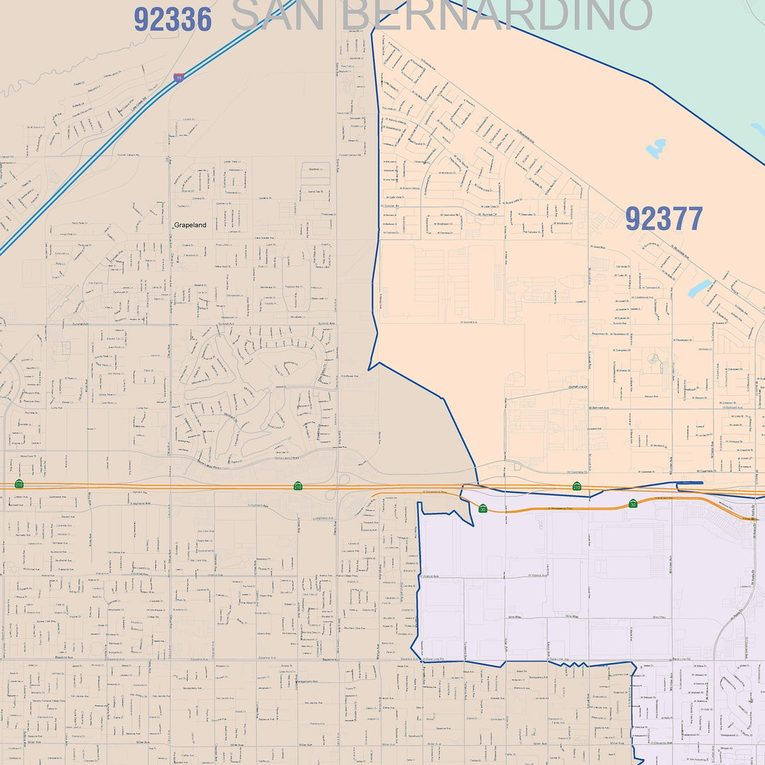 Color Cast Zip Code Style Wall Map of Rialto, CA