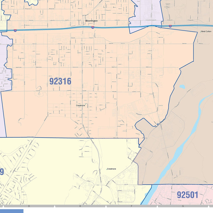 Color Cast Zip Code Style Wall Map of Rialto, CA