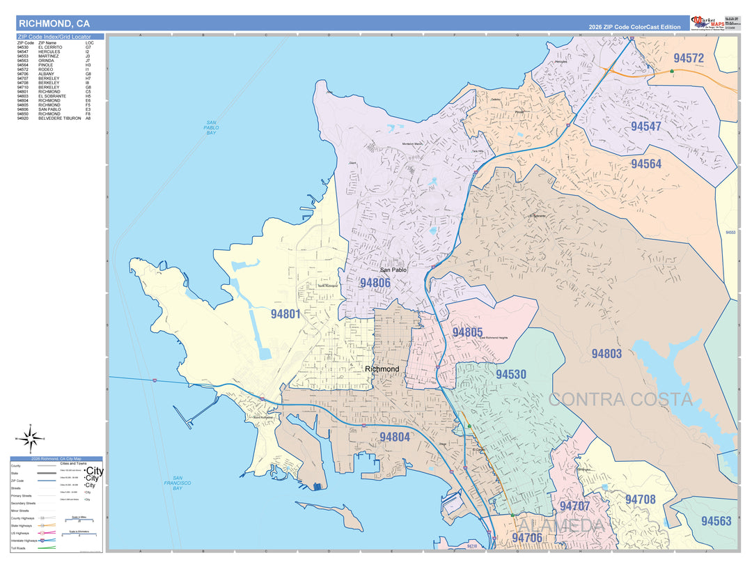 Color Cast Zip Code Style Wall Map of Richmond, CA