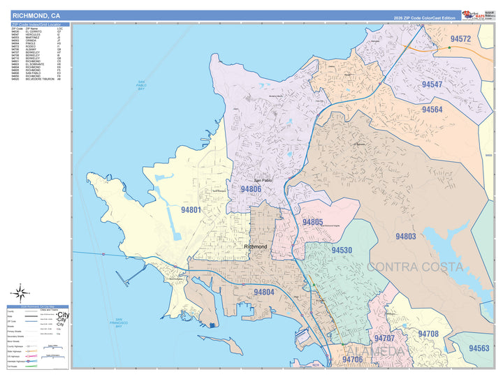 Color Cast Zip Code Style Wall Map of Richmond, CA