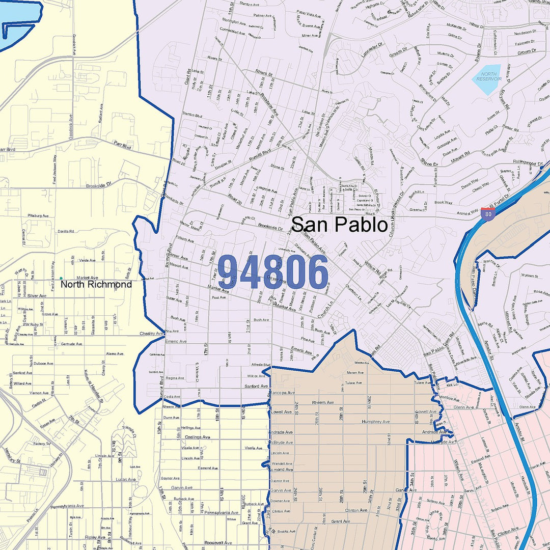Color Cast Zip Code Style Wall Map of Richmond, CA