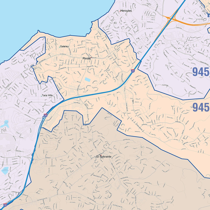 Color Cast Zip Code Style Wall Map of Richmond, CA