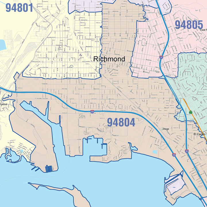 Color Cast Zip Code Style Wall Map of Richmond, CA