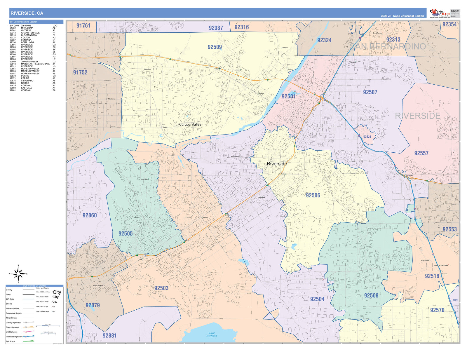 Colorcast Zip Code Style Wall Map of Riverside CA