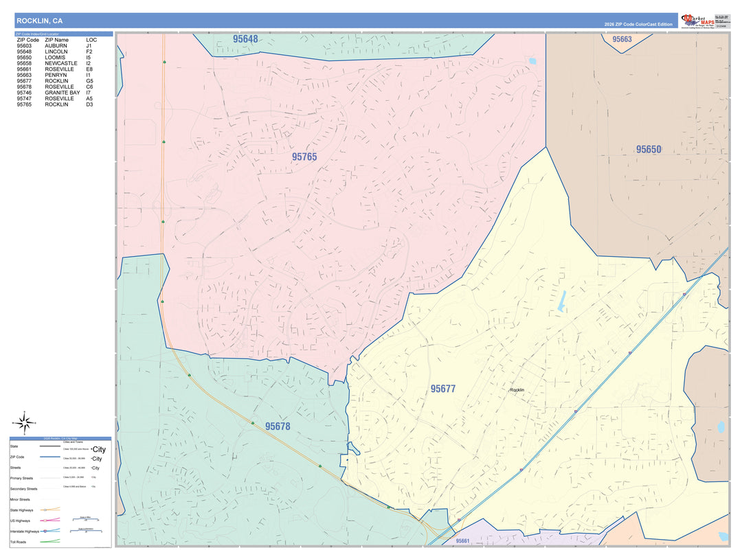 Color Cast Zip Code Style Wall Map of Rocklin, CA