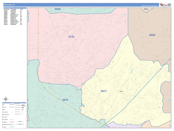 Color Cast Zip Code Style Wall Map of Rocklin, CA
