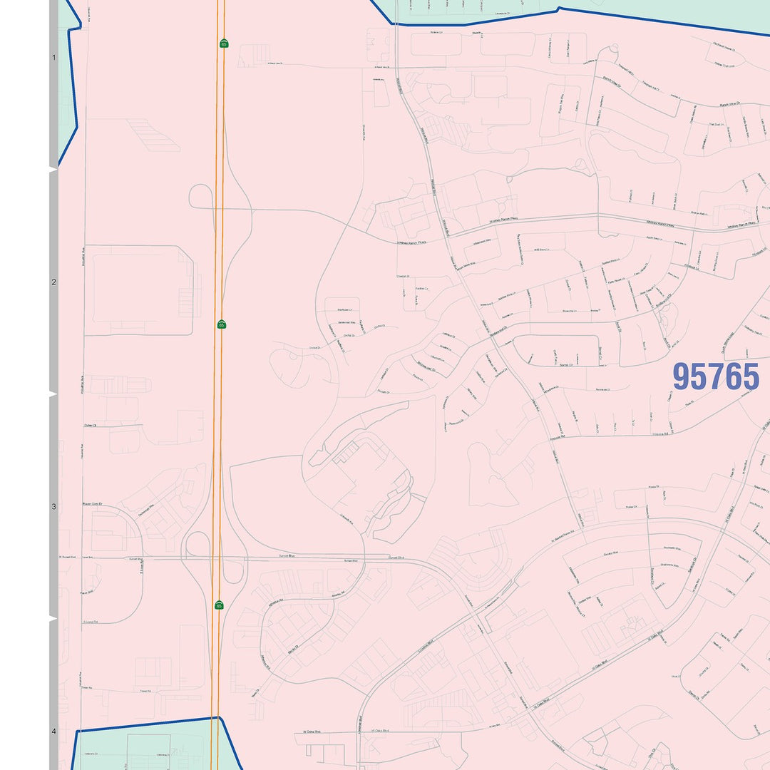 Color Cast Zip Code Style Wall Map of Rocklin, CA