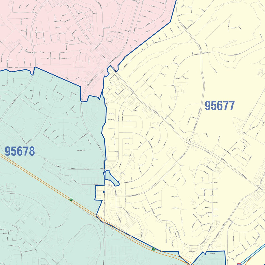 Color Cast Zip Code Style Wall Map of Rocklin, CA