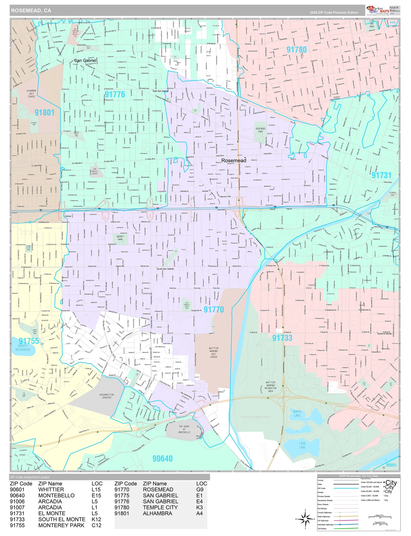 Premium Style Wall Map of Rosemead, CA