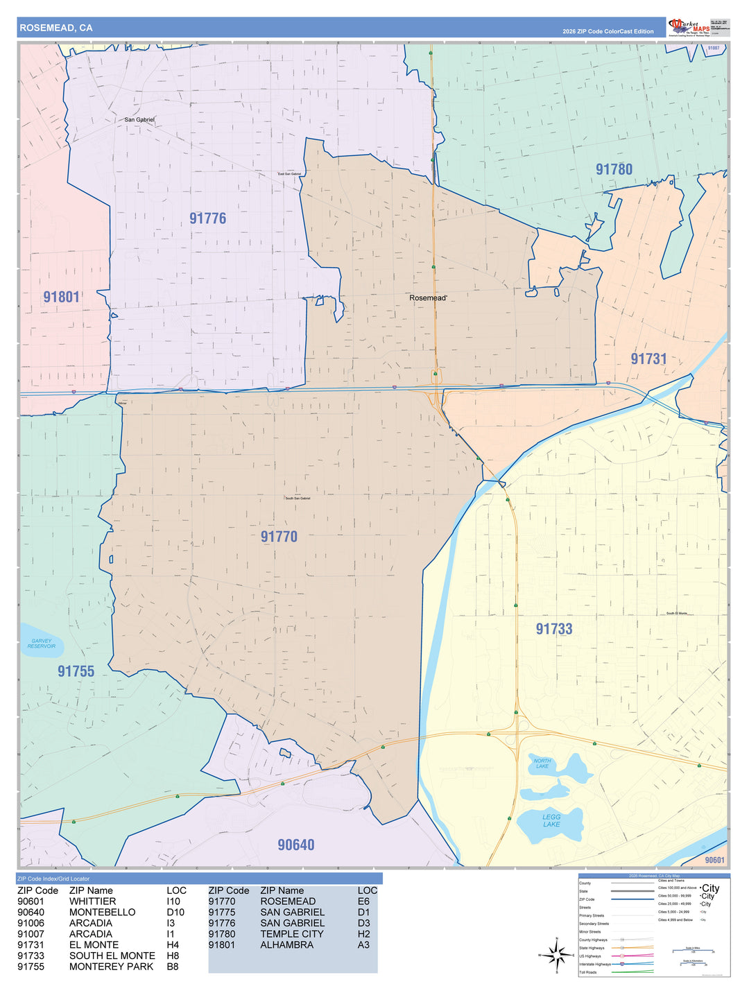 Color Cast Zip Code Style Wall Map of Rosemead, CA