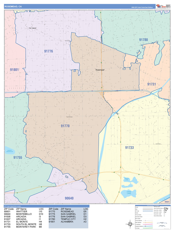Color Cast Zip Code Style Wall Map of Rosemead, CA