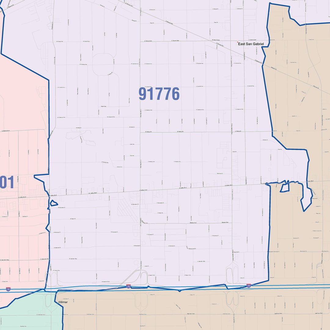 Color Cast Zip Code Style Wall Map of Rosemead, CA