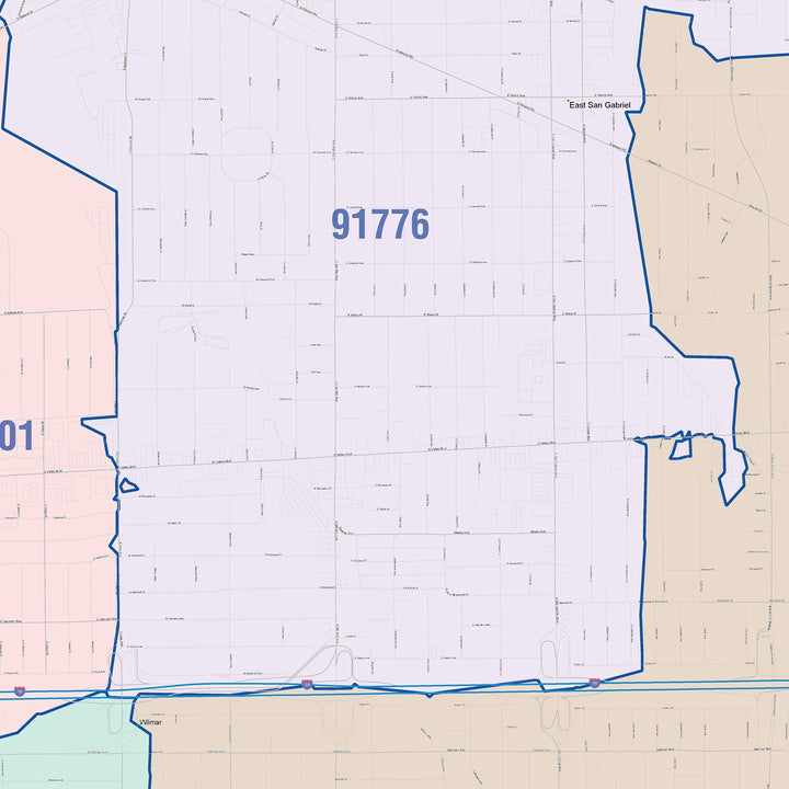 Color Cast Zip Code Style Wall Map of Rosemead, CA