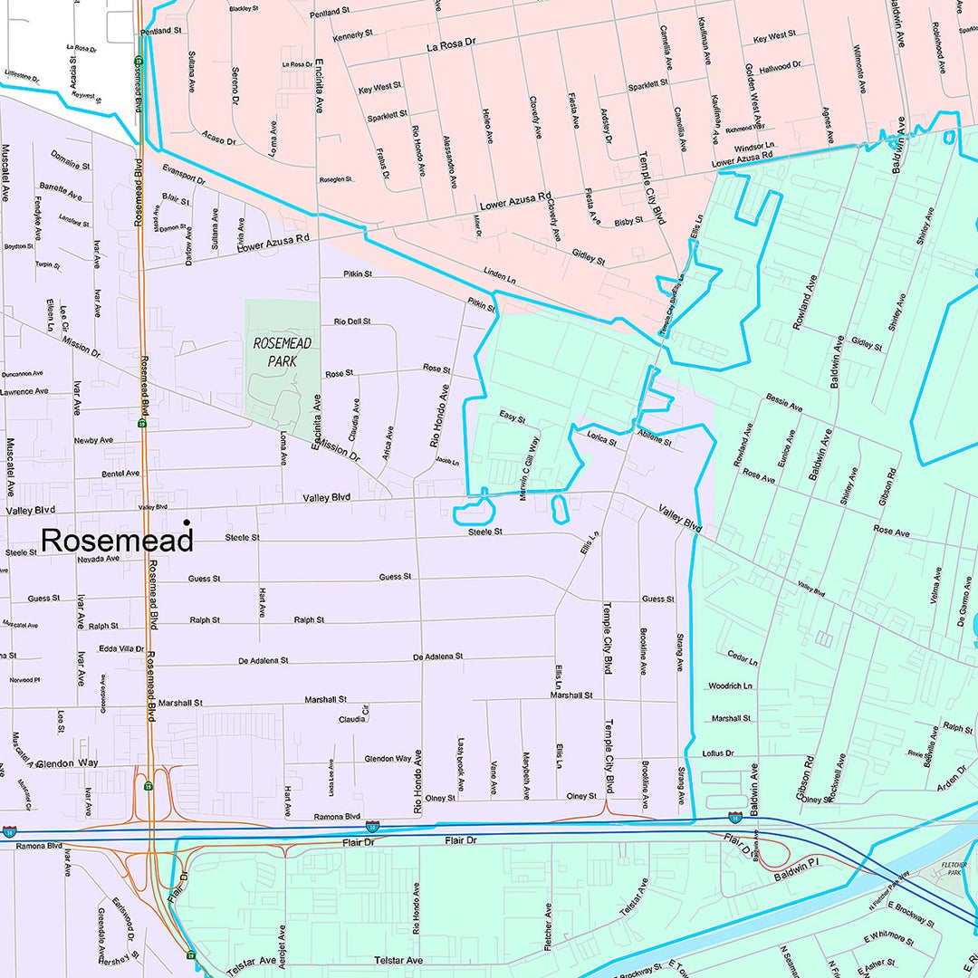 Premium Style Wall Map of Rosemead, CA