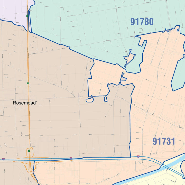 Color Cast Zip Code Style Wall Map of Rosemead, CA
