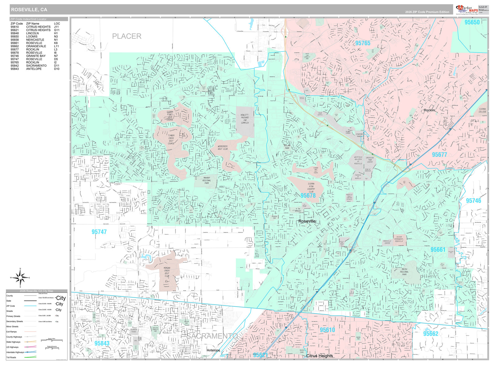 Premium Style Wall Map of Roseville, CA